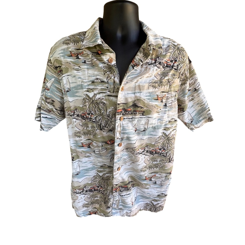 Boca Classics Mens Medium Tropical Island Scenic Print Cotton Rayon Shirt Green